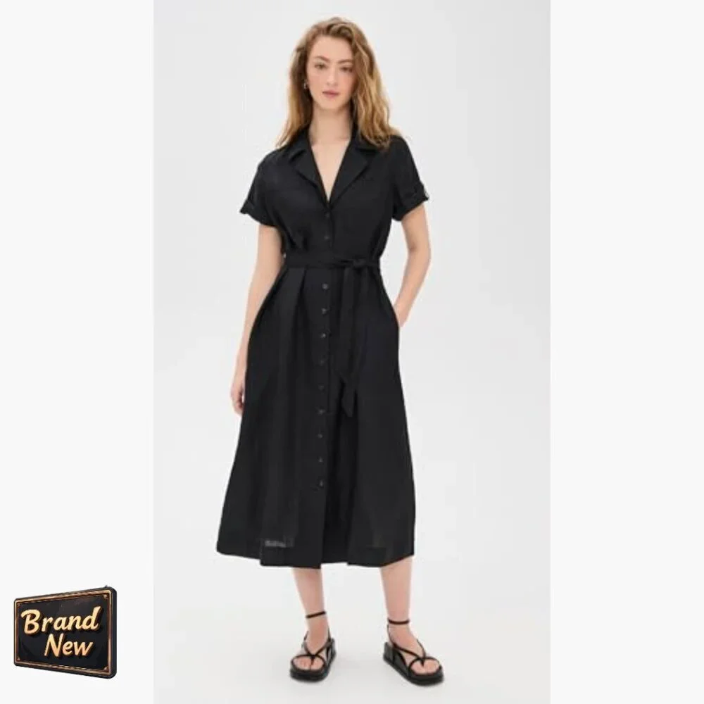 Linen Midi Shirt Dress with Button Front and Tie Waist